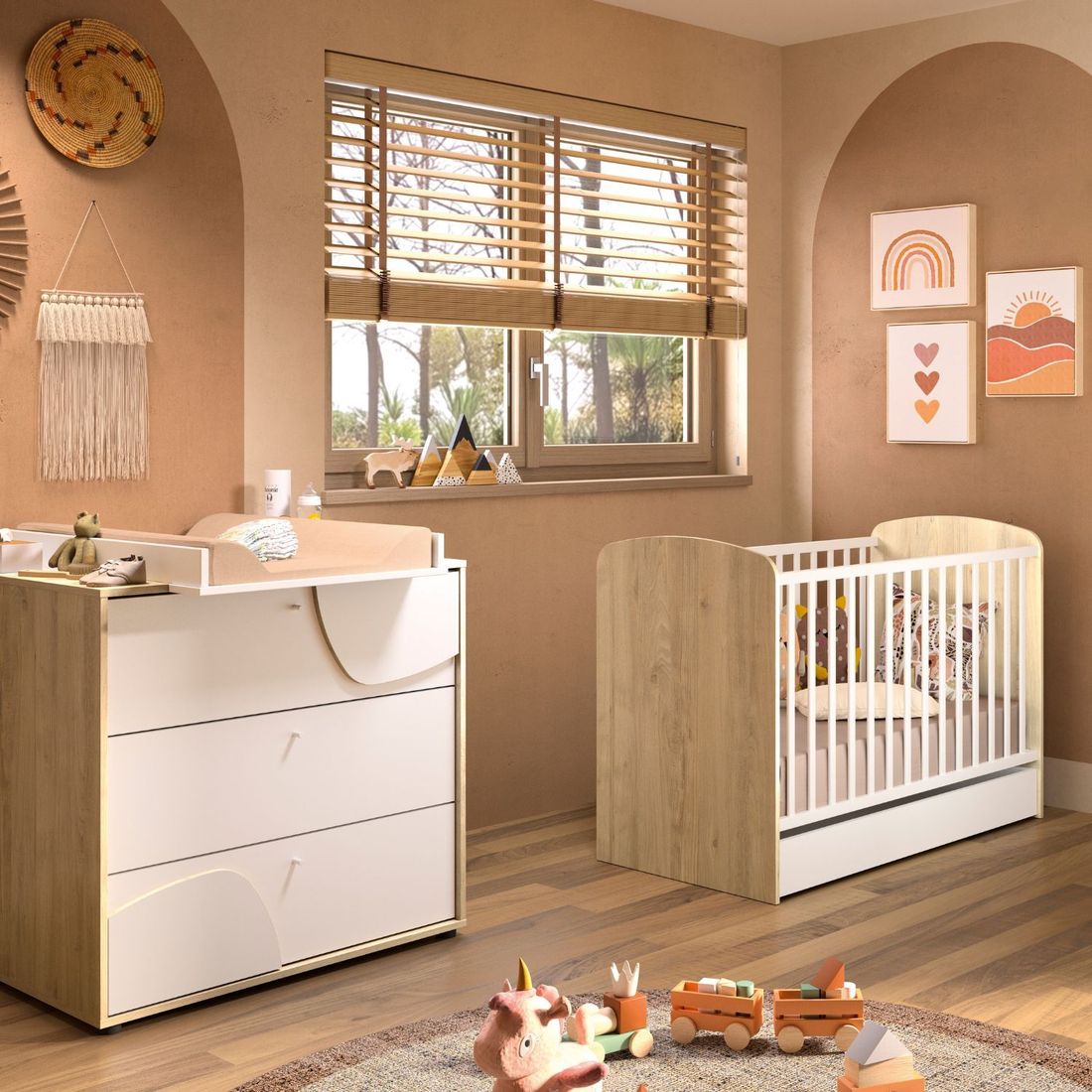 Duo Lit 60x120 cm et Commode 3 tiroirs Châtaignier naturel Basile (Galipette) - Image 1