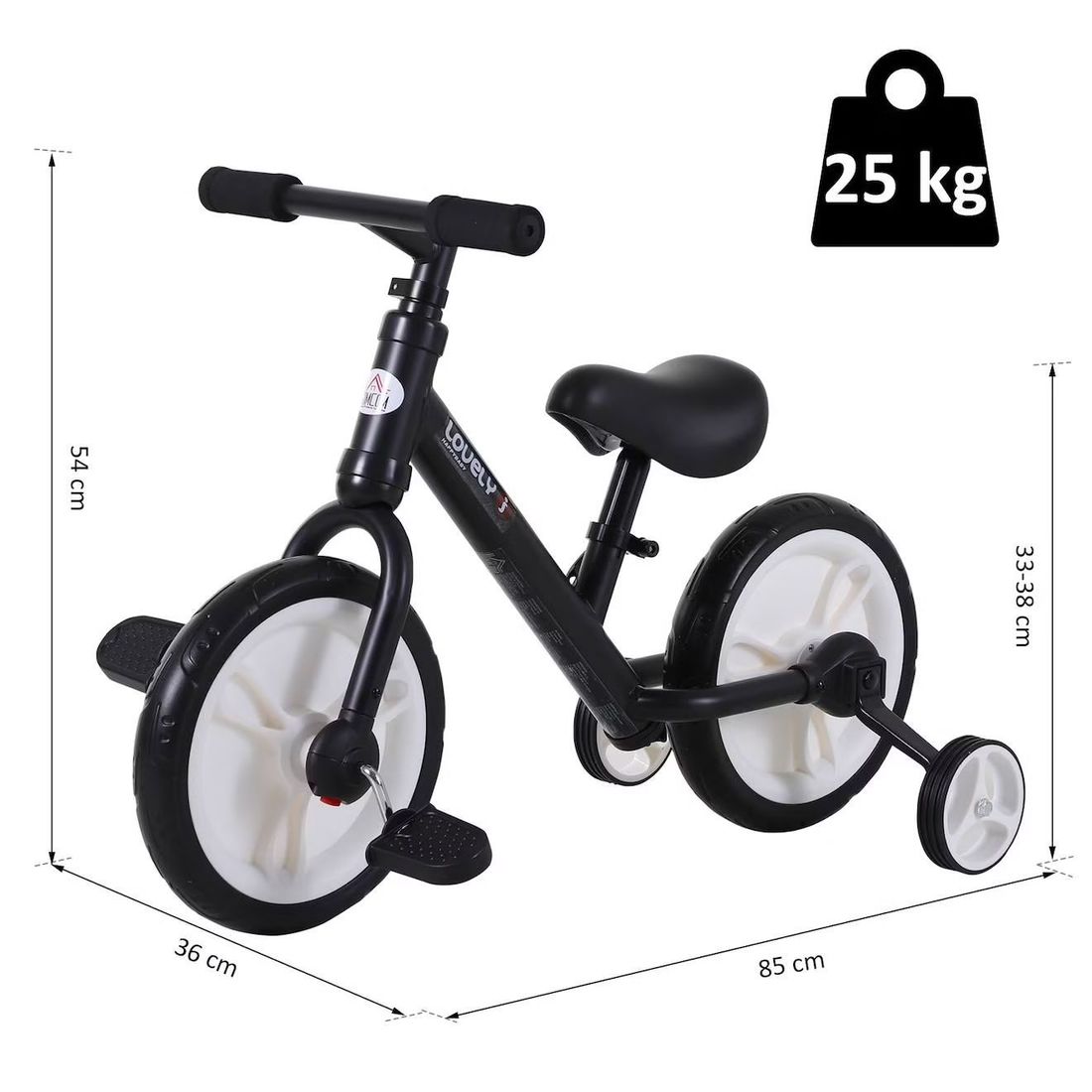 Vélo Enfant Draisienne 2 En 1 Roulettes Pédales Amovibles Hauteur Selle Réglable Noir (Homcom) - Image 3