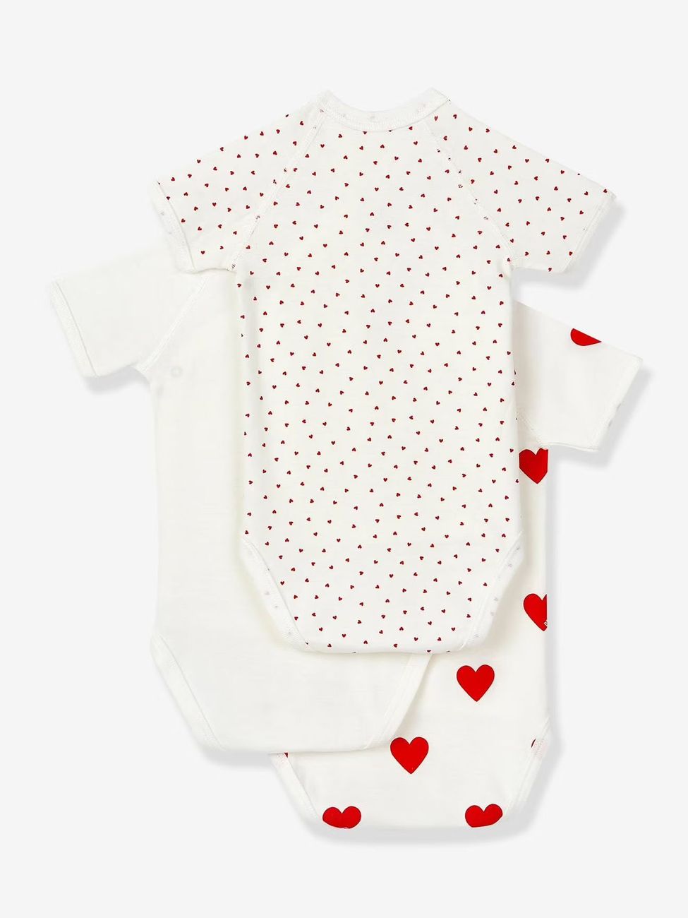 Lot de 3 bodies croisés manches courtes coeurs bébé naissance en coton bio blanc (Petit Bateau) - Image 1