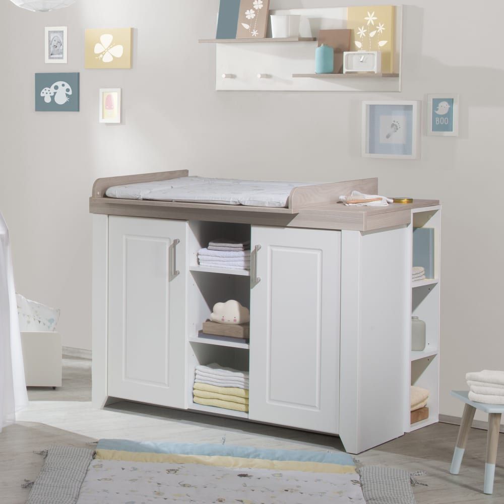 Commode à langer 2 portes 3 niches blanc et effet bois (Roba) - Image 1