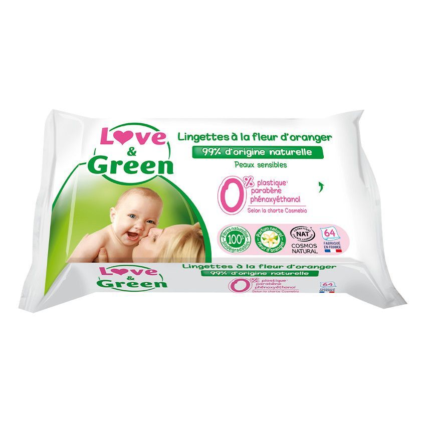 Lingettes hypoallergéniques à la Fleur d'Oranger x64 - Blanc (Love & Green) - Image 1
