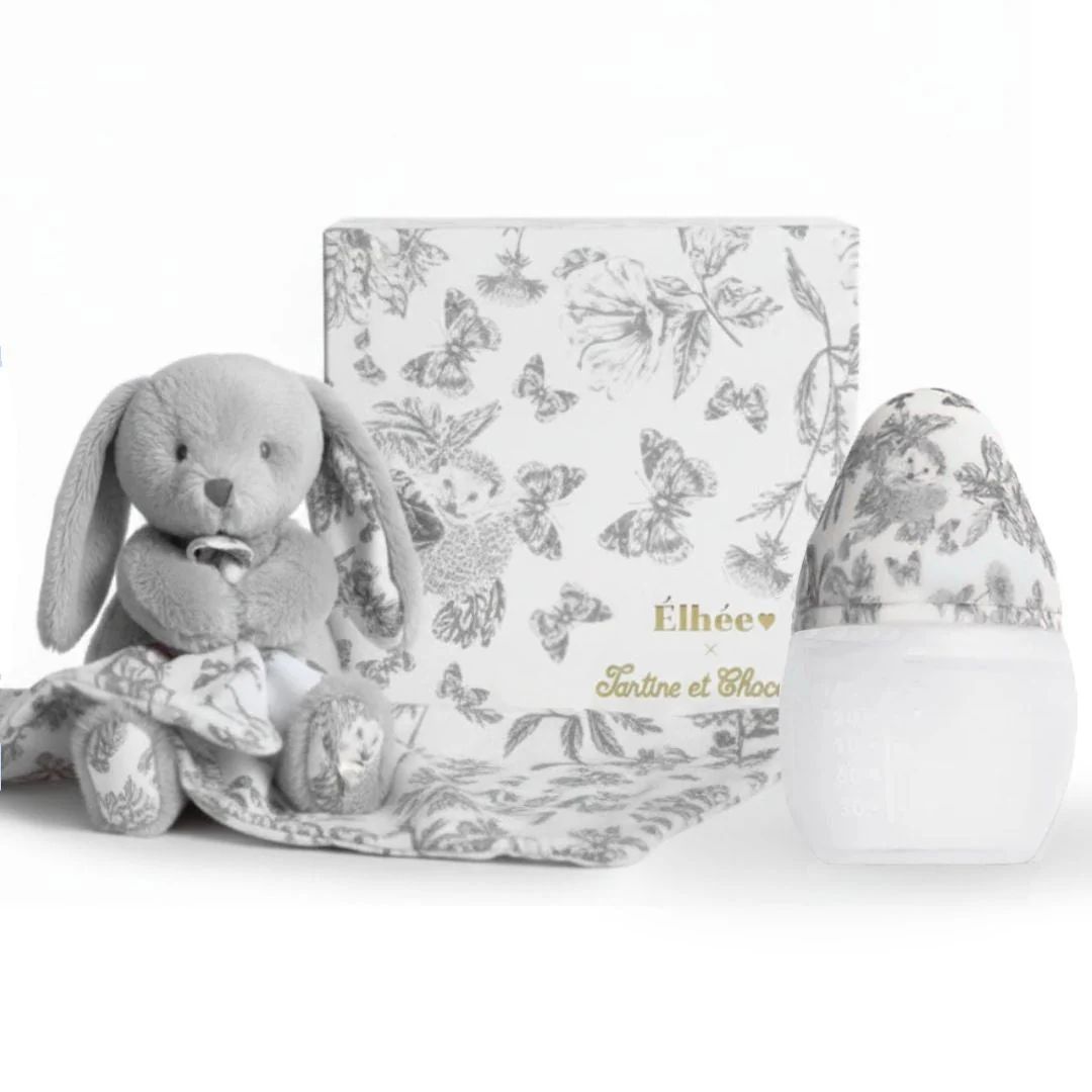 Coffret Biberon + Doudou | Tartine et Chocolat "Toile de Jouy" Gris (Elhée) - Image 1