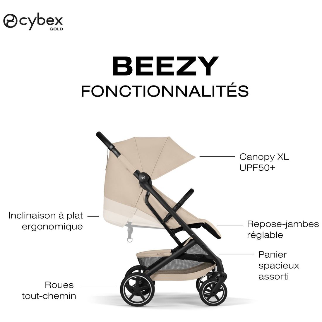 Poussette Compacte et Citadine Beezy 2026 Châssis Noir Almond Beige (Cybex) - Image 6
