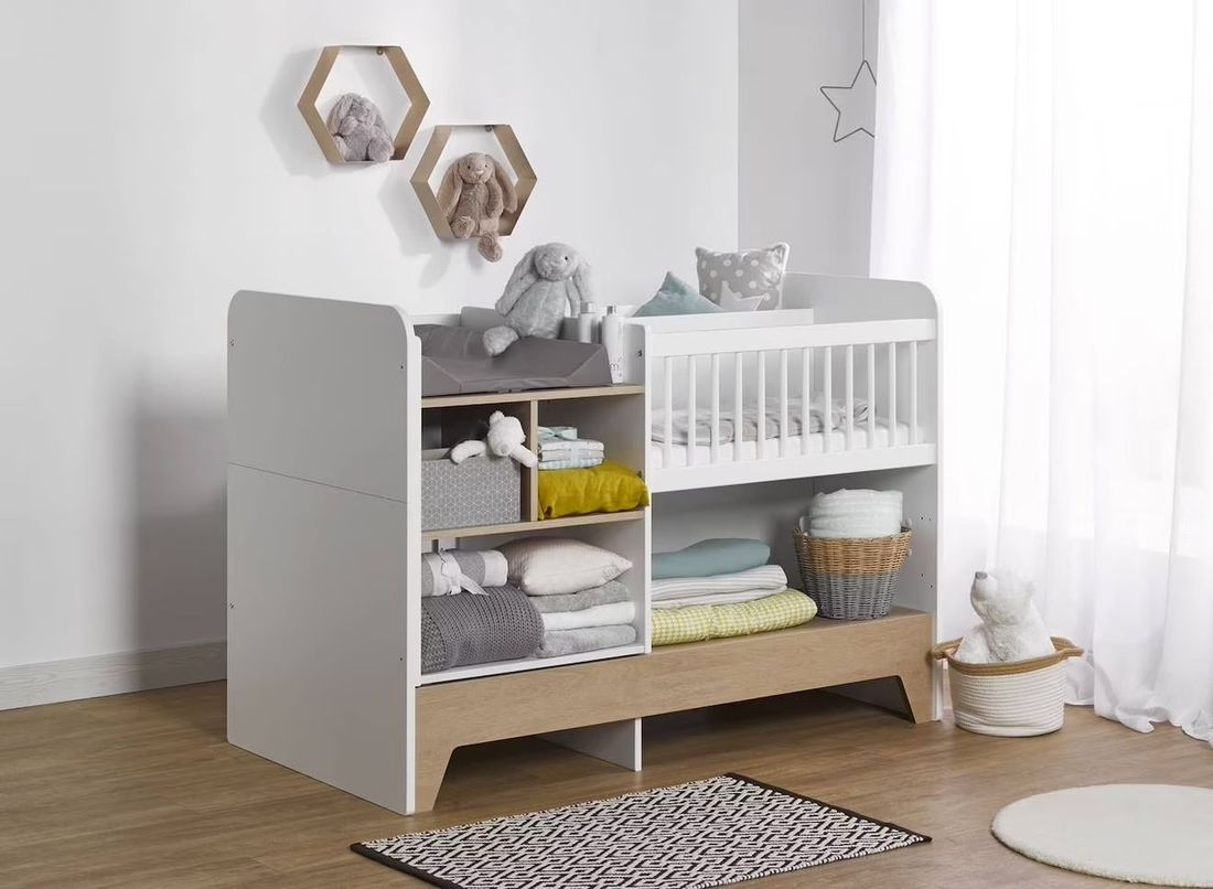 Lit Bébé Évolutif Avec Table À Langer Calisson Blanc & Bois (Chambrekids) - Image 1