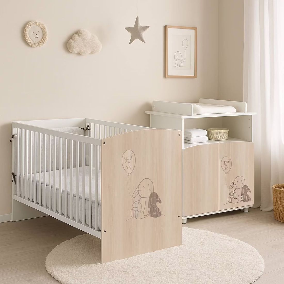 Lit Bébé 120x60 À Barreaux Décor Bois - Lapinou Beige (Baby Price) - Image 1