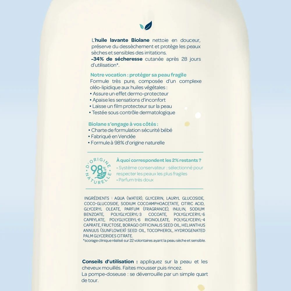 Huile lavante dermo-protectrice pour bébé, peau sèche et sensible (Biolane) - Image 1