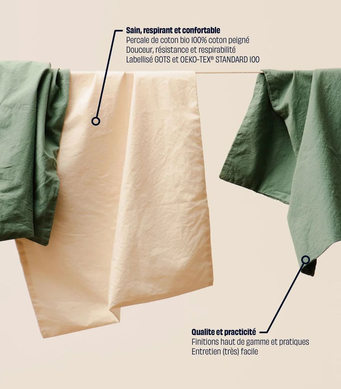 Lot de 2 draps housse bébé 60x120 cm - Percale de coton - Beige et vert - Doux et résistant - Confectionné au Portugal - Tediber (Tediber) - Image 3