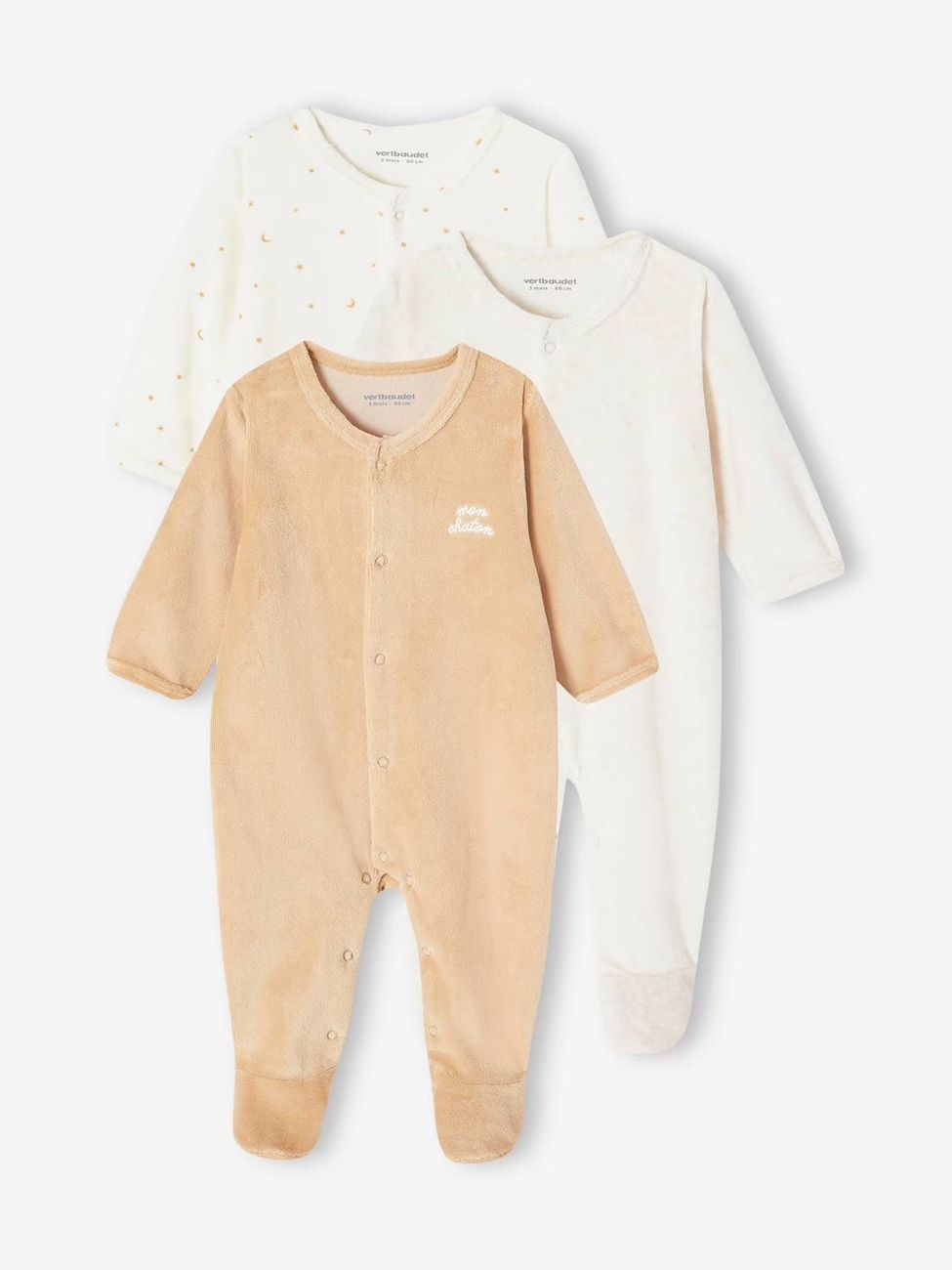 Lot de 3 pyjamas bébé mixte en velours ouverture naissance lot jaune d'or (Vertbaudet) - Couverture