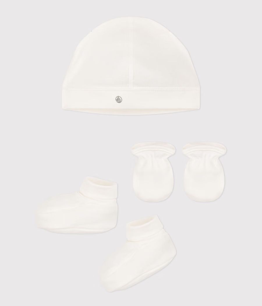 Lot de bonnet, chaussons et moufles bébé mixte en coton uni (Petit Bateau) - Couverture