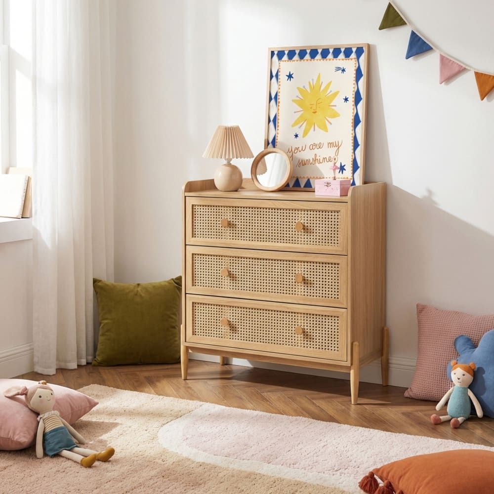 Commode cannage rotin et effet bois 3 tiroirs (Baita) - Image 1