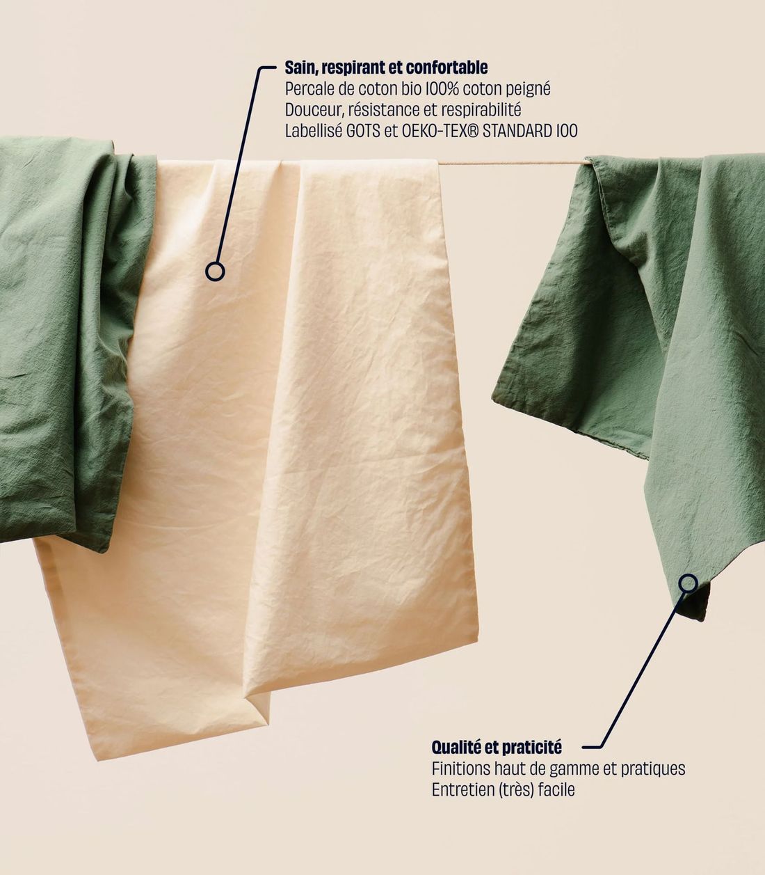 Drap housse enfant 90x200 cm - Percale de coton bio - Beige - Sain et pratique - Confectionné au Portugal - Tediber (Tediber) - Image 2