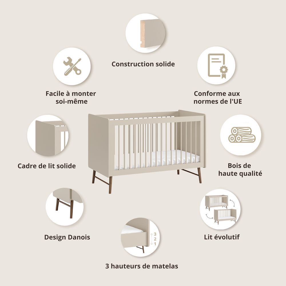 Petite Amélie | Lit bébé évolutif Roseau | Panneau de particules et hêtre | Avoine | 70x140 cm | De la naissance à 4 ans | Design danois (Petite Amélie) - Image 2