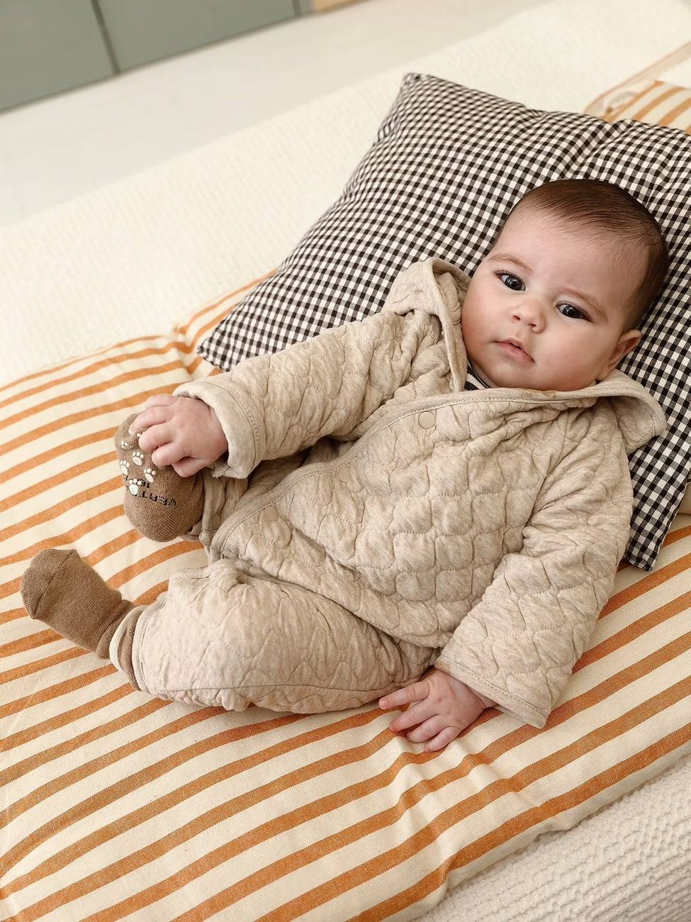 Combipilote bébé en jersey beige chiné (Vertbaudet) - Image 1