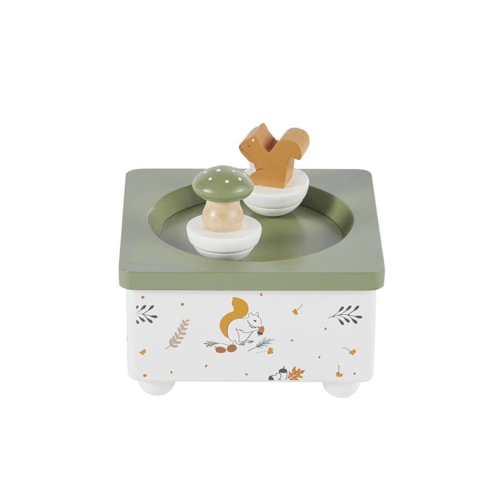 Boîte à musique écureuil et champignon verte, blanche et orange (Maisons du Monde) - Couverture