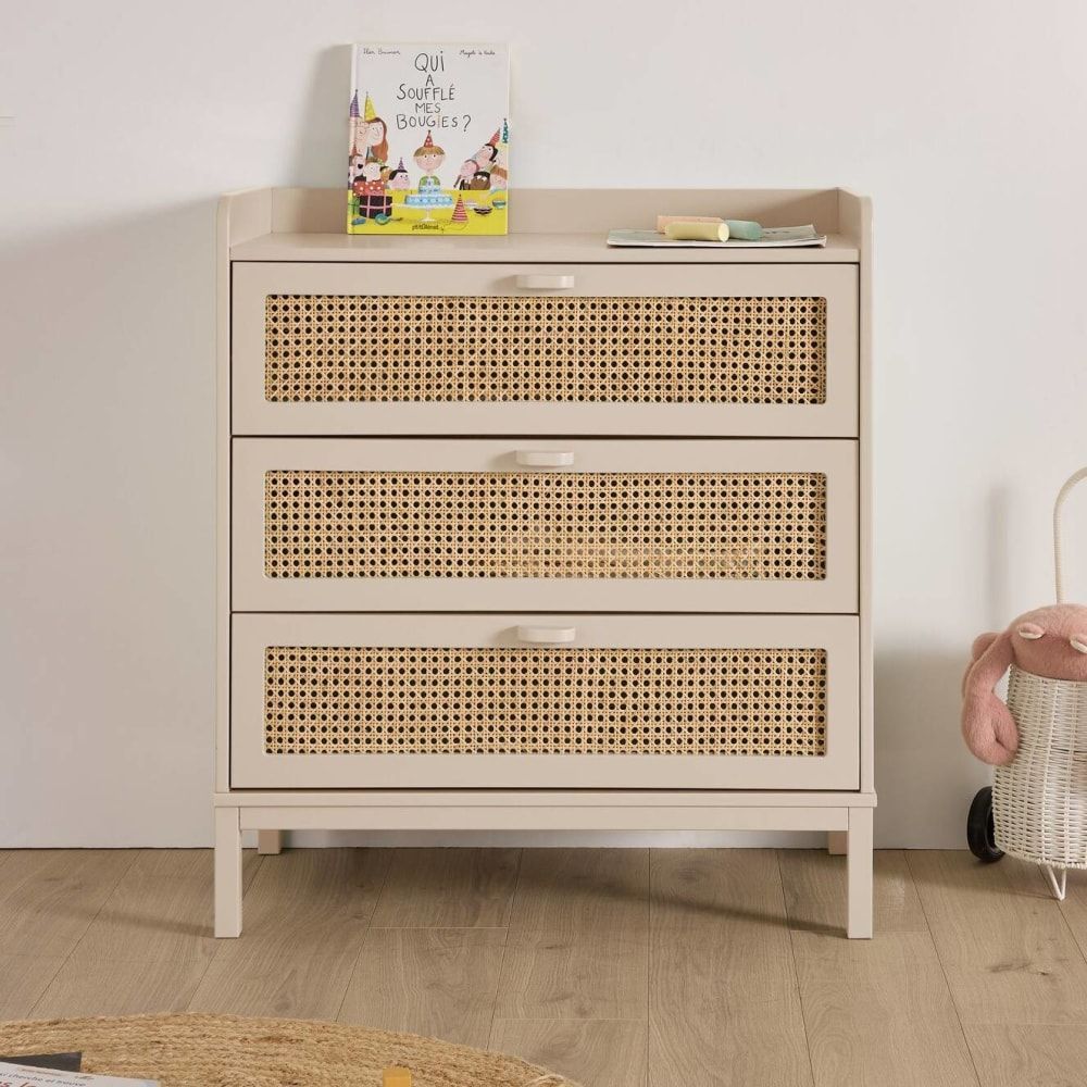 Commode 3 tiroirs effet bois et cannage beige (CAMIF) - Image 1