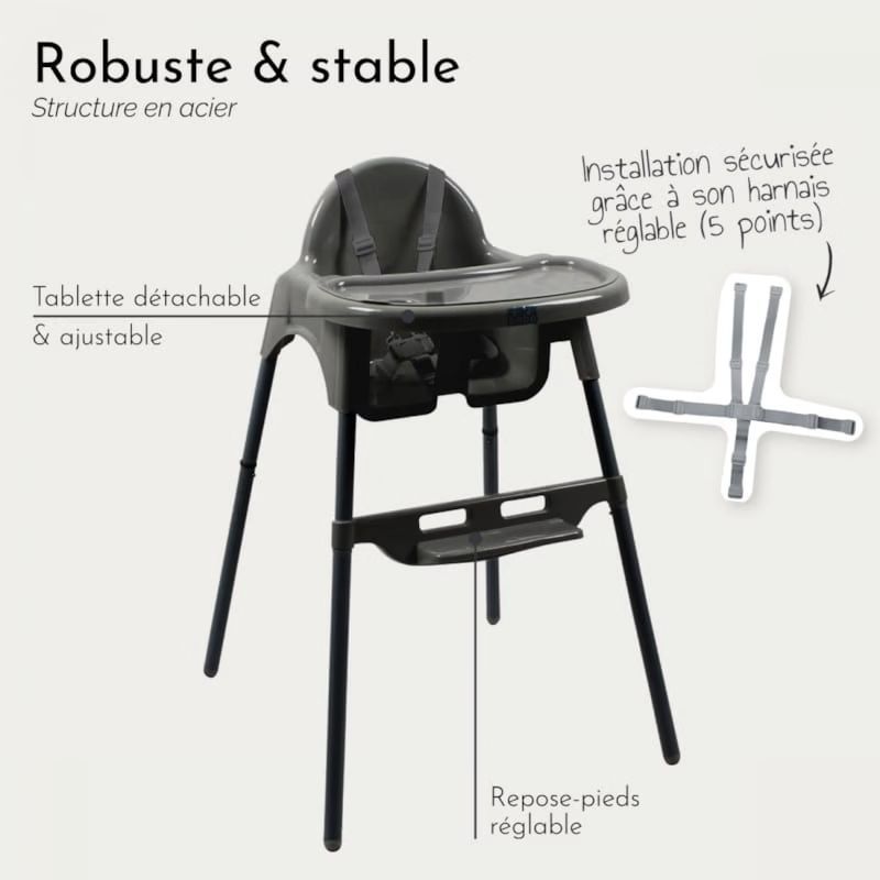 Chaise haute bébé - gris foncé (Monsieur Bébé) - Image 2