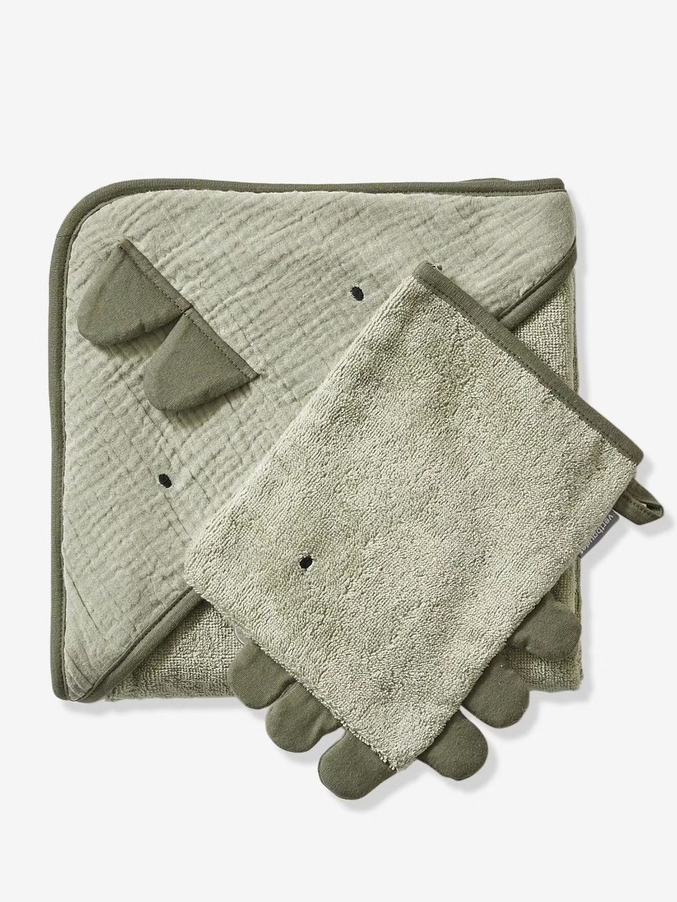 Cape de bain gaze de coton + gant de toilette PETIT DINO vert (Vertbaudet) - Image 2
