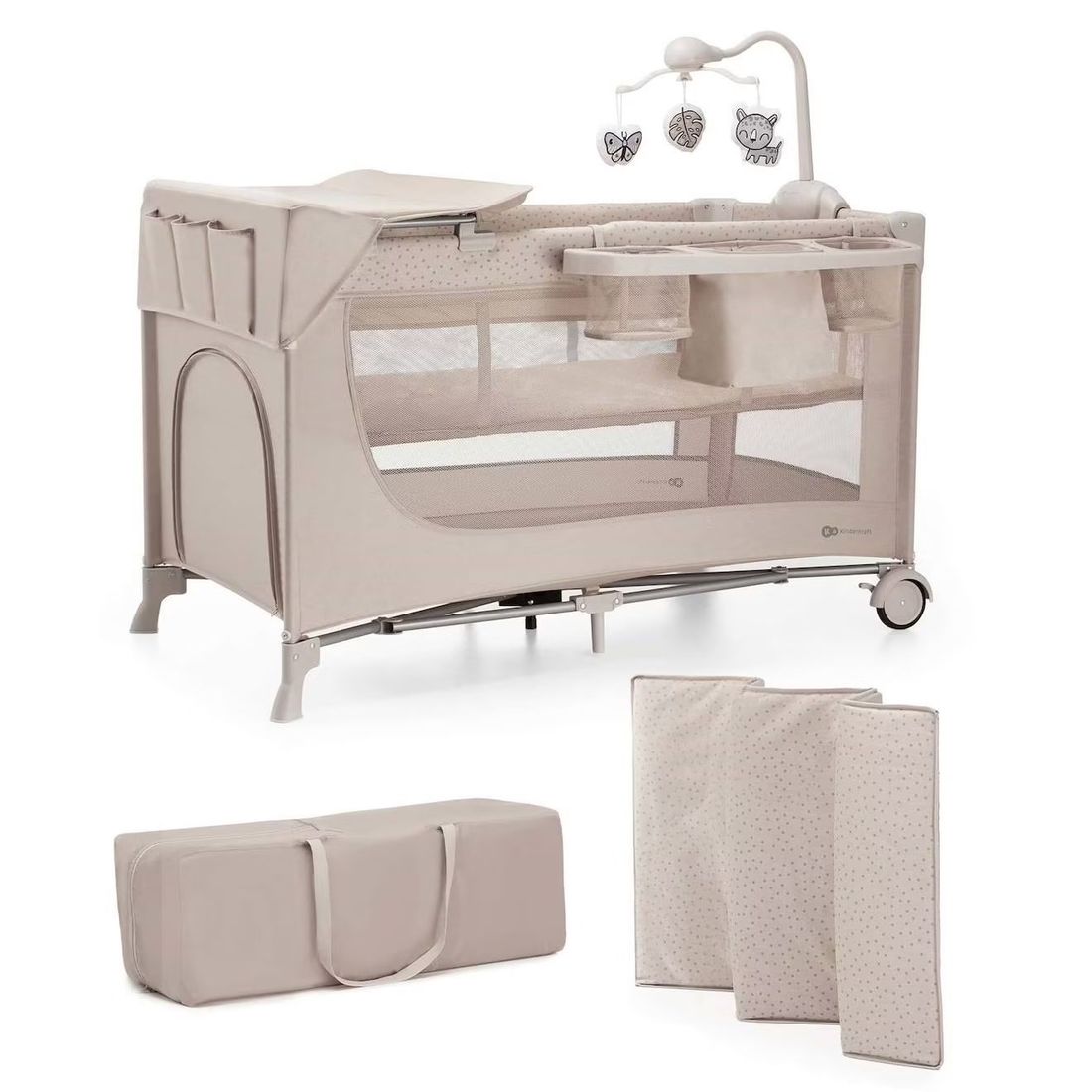 Lit Parapluie Joy 2 En 1 Avec Table À Langer, Niveau Réglable, Pliage Compact Et Sac De Transport Pratique Beige1 (Kinderkraft) - Couverture