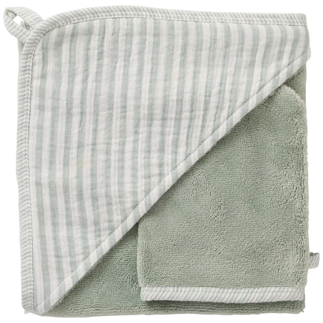 Cape de bain + gant éponge bambou et gaze rayé vert de gris (Bb&Co) - Couverture