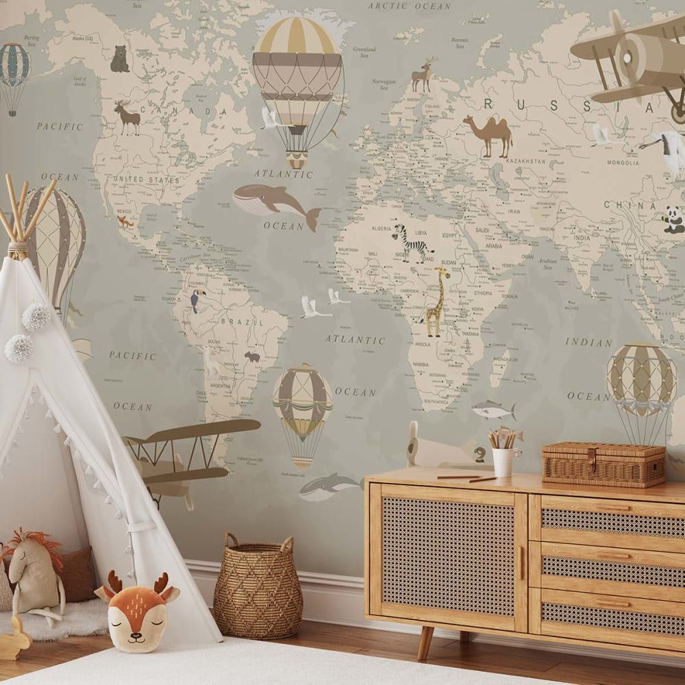 Papier peint enfant carte du monde et montgolfieres 364x270 cm (Hexoa) - Couverture
