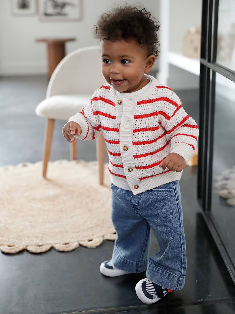 Pantalon large bébé fille denim léger ceinture imprimée double stone (Vertbaudet) - Image 1