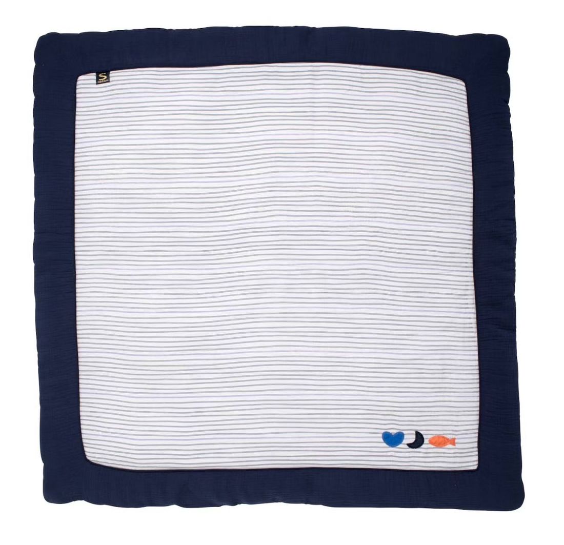 Grand Tapis De Jeu En Double Gaze De Coton Marinière - Baby Sailor Bleu/blanc (Sauthon) - Image 1