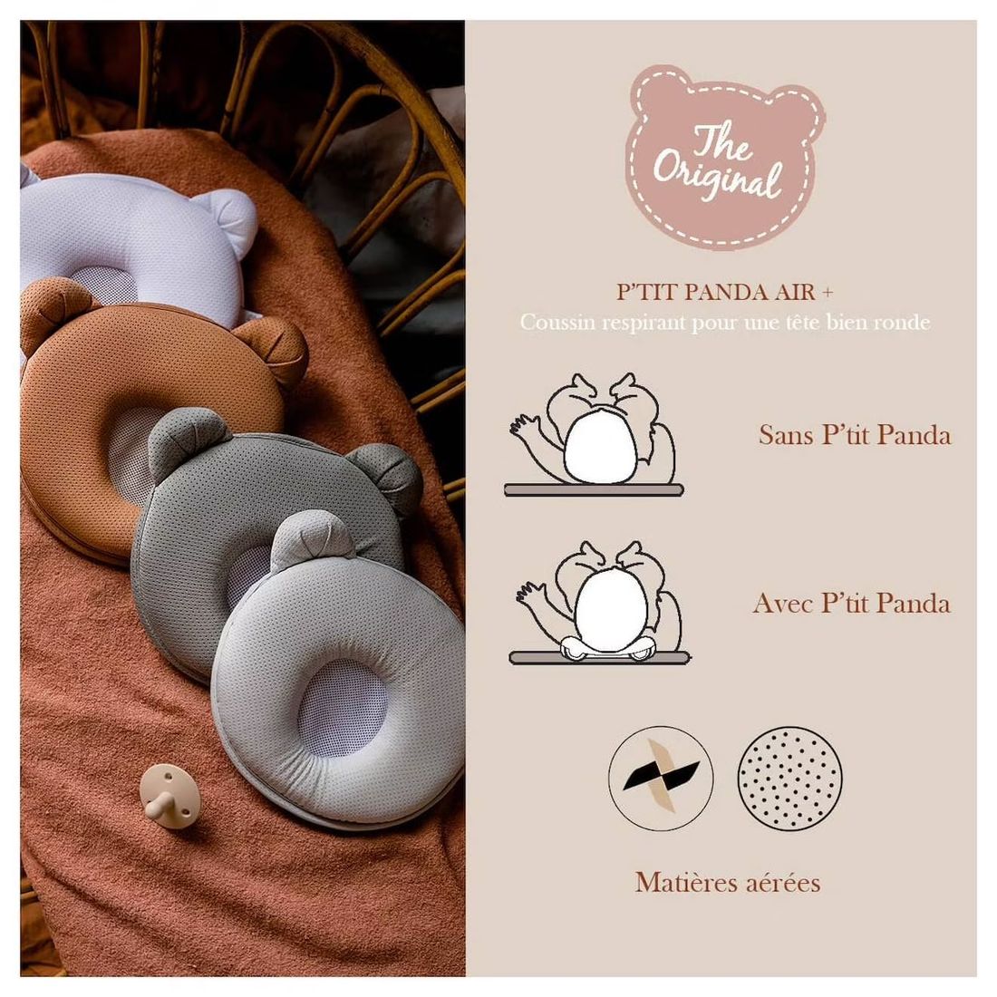 Coussin Cale Tête Bébé P'tit Panda Air+ Kaki Kaki (Candide) - Image 3
