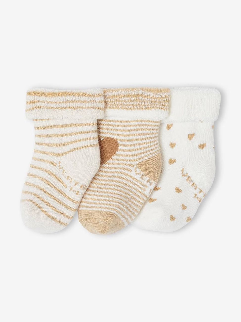 Lot de 3 paires de chaussettes bébé fille coeurs lot beige (Vertbaudet) - Image 1