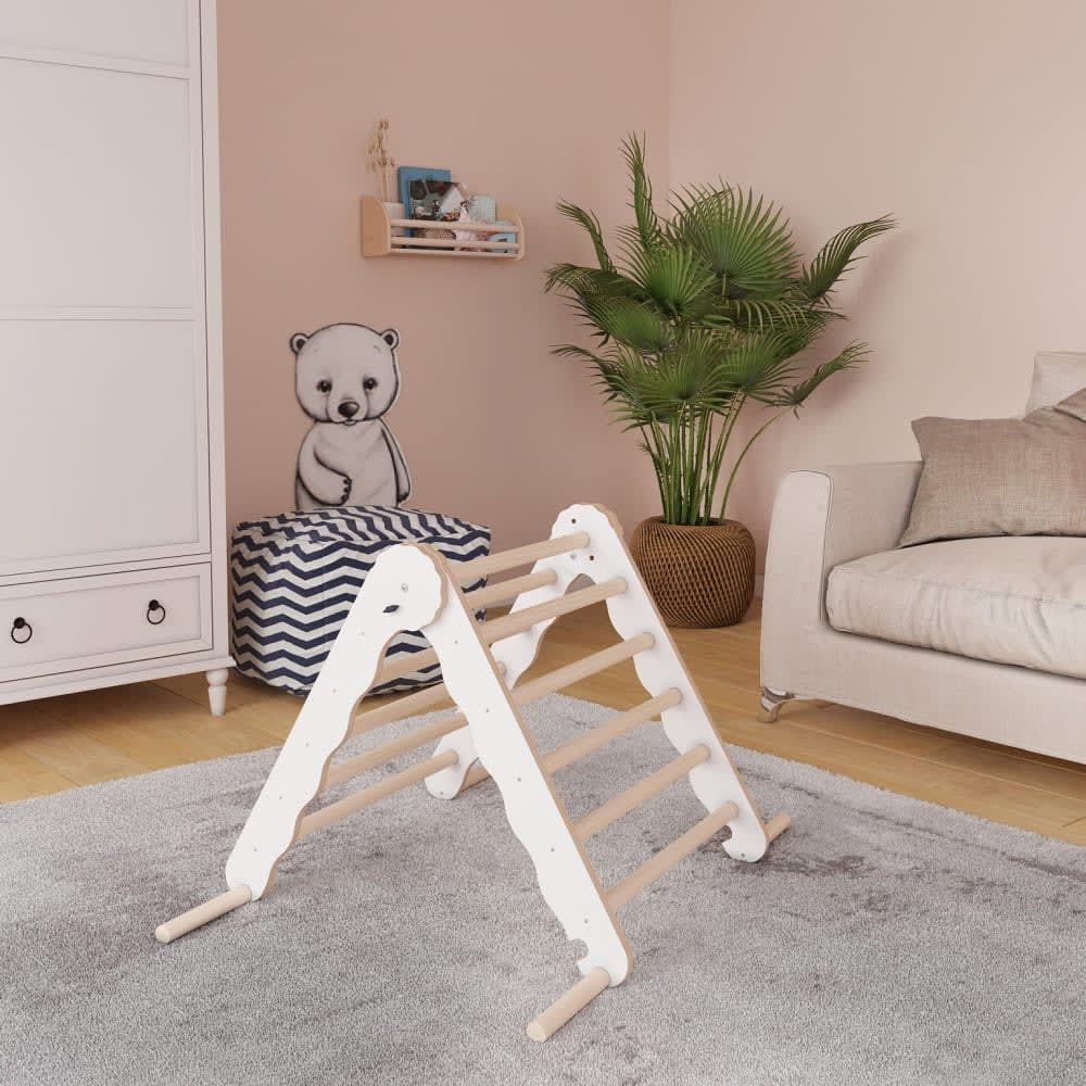 Triangle de pikler bois jouet de motricité intérieur enfant mini blanc (Mamoi) - Image 1
