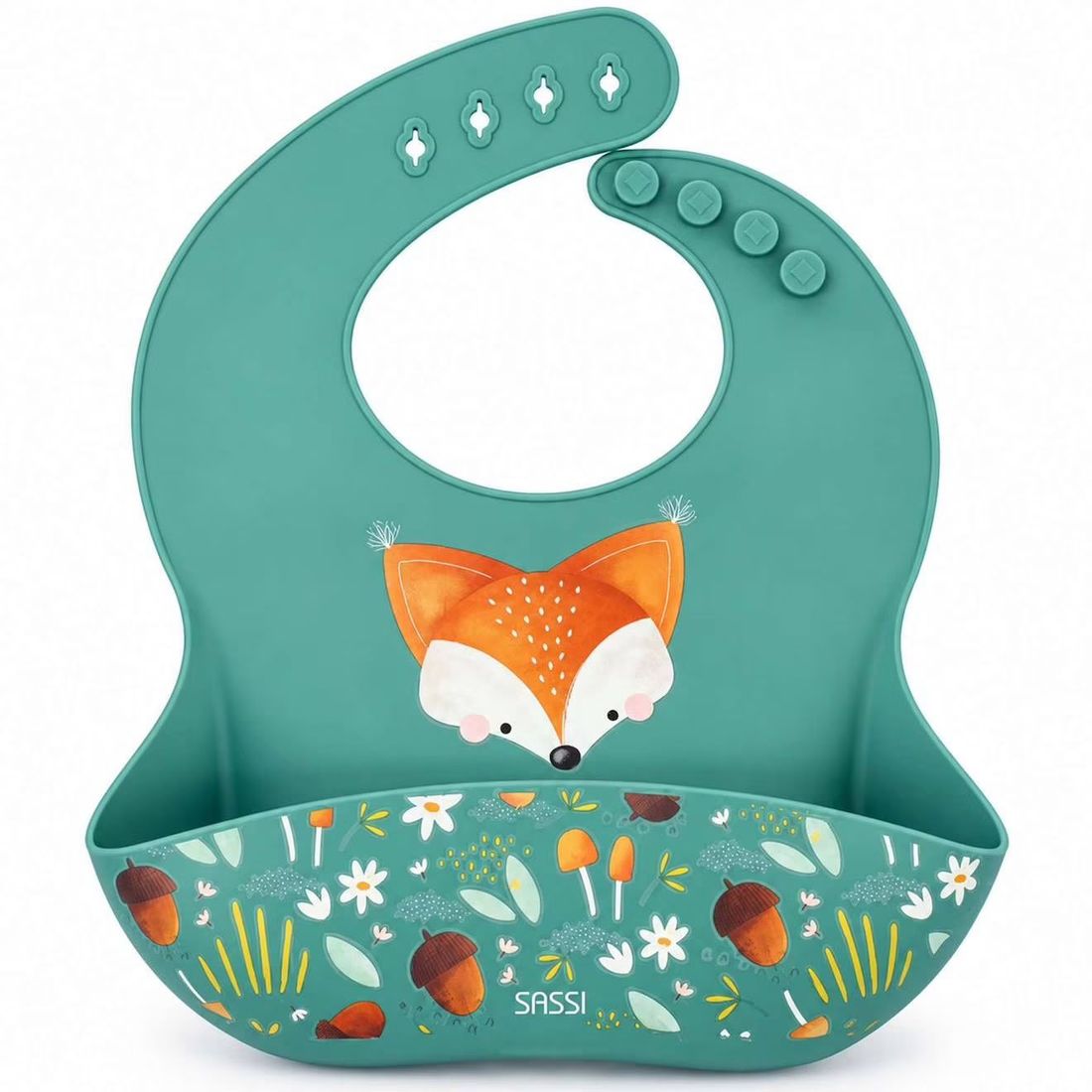 Bavoir Récupérateur En Silicone Animaux Vert Paon (Sassi) - Couverture