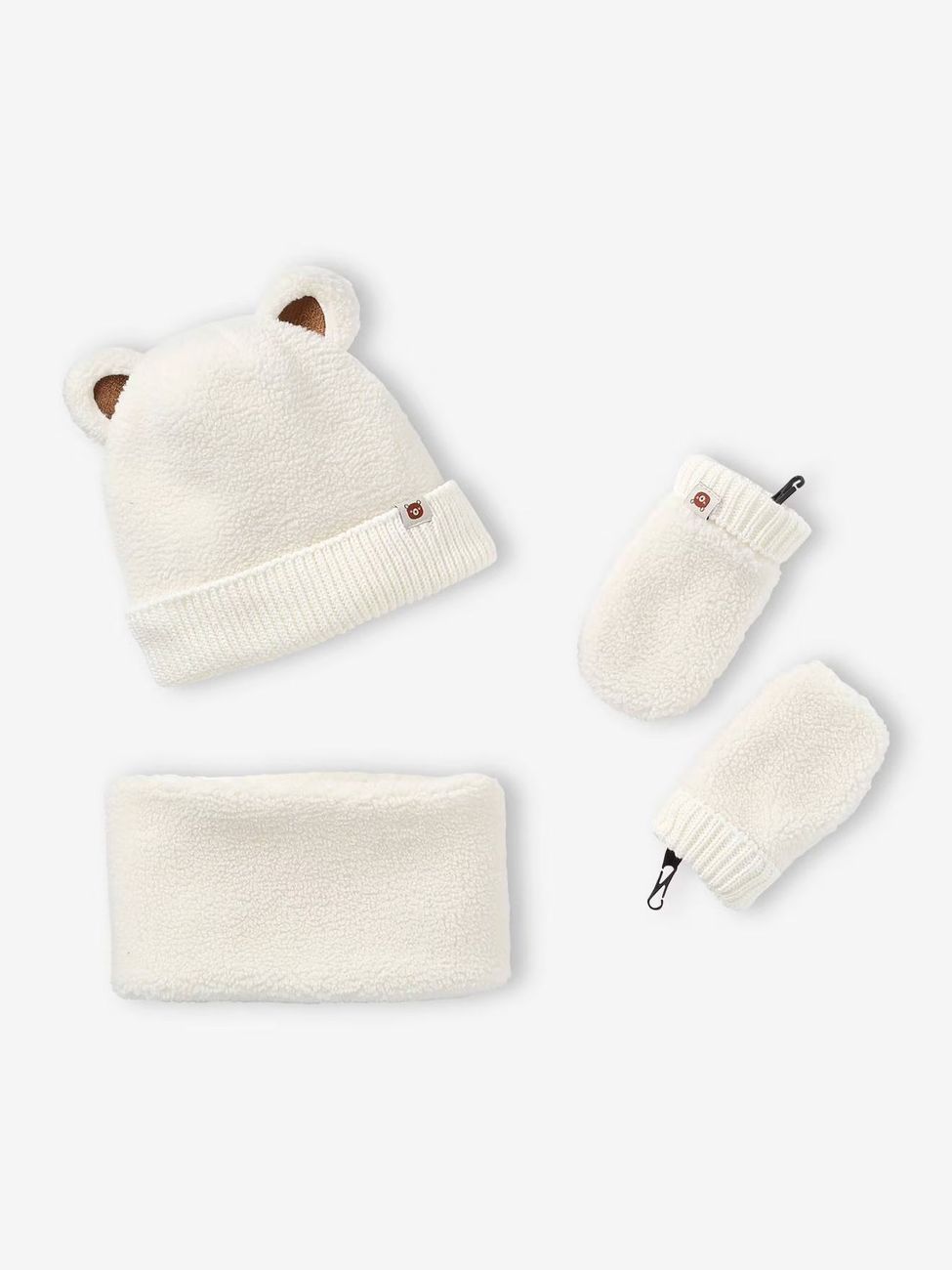 Ensemble "Bear Mood" bébé garçon bonnet + snood + moufles en sherpa écru (Vertbaudet) - Couverture