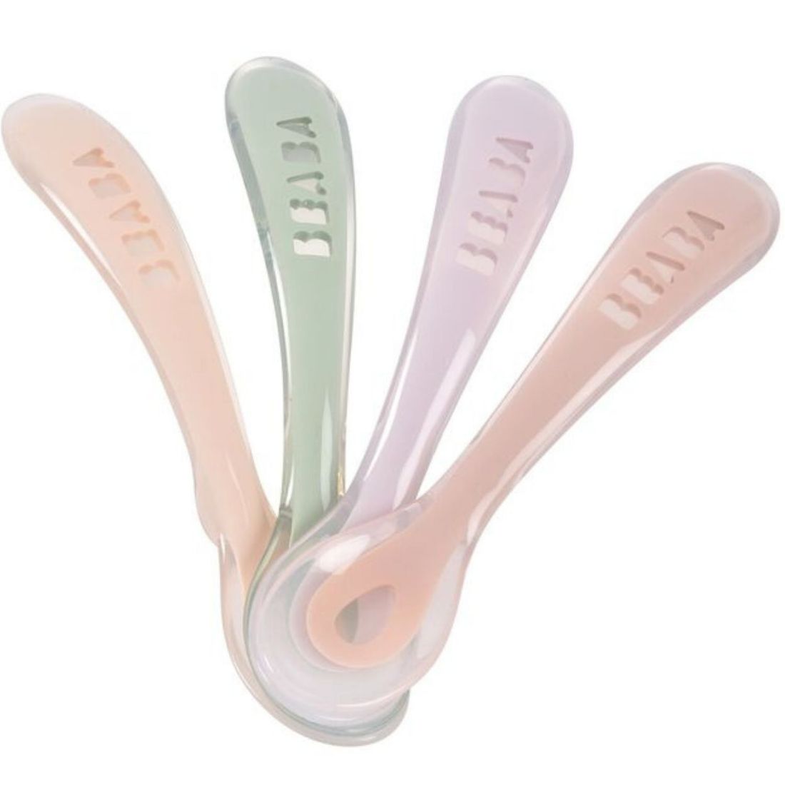 Lot de 4 cuillères silicone 2ème âge Set Barbe à papa Guimauve Vert de gris Lila (Béaba) - Image 1