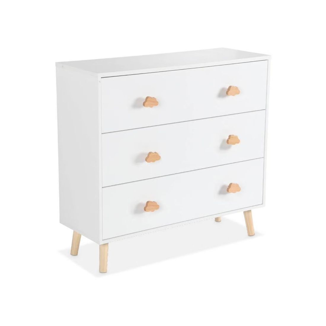 Commode Enfant, Décor Bois, 3 Tiroirs, Pieds Et Poignées Nuage En Pin Blanc (sweeek) - Image 2