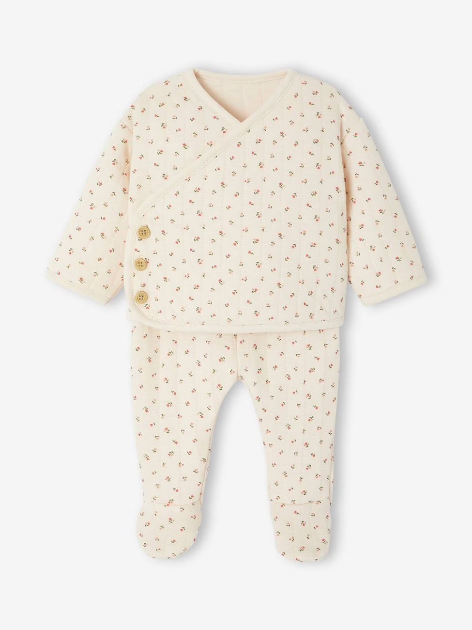 Ensemble matelassé gilet + pantalon à pieds entièrement imprimé rose (Vertbaudet) - Couverture