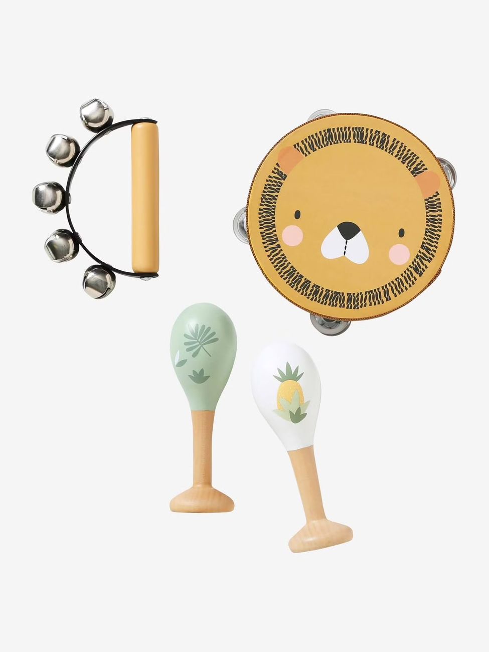 Set 3 instruments : maracas, tambourin, grelots en bois FSC® tanzanie (Vertbaudet) - Couverture