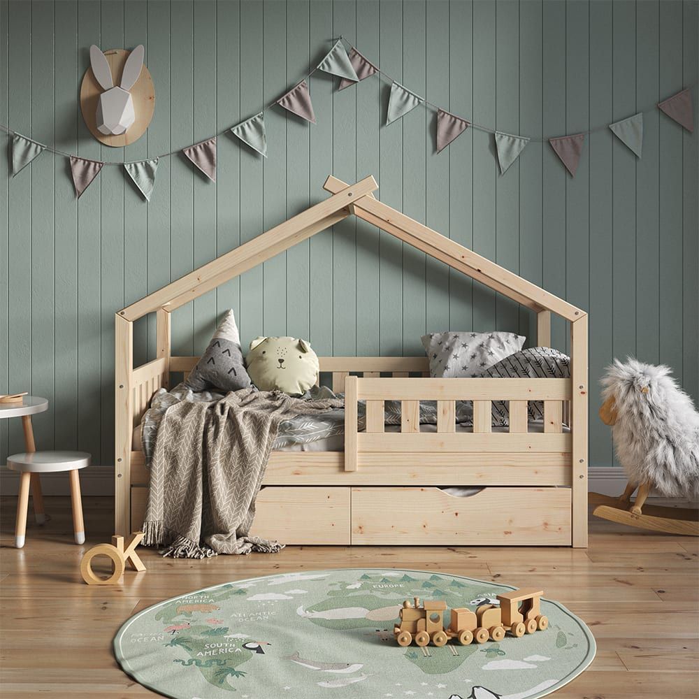 Lit cabane avec lit dappoint et matelas naturel bois 167.6x133.6cm (VitaliSpa®) - Image 1