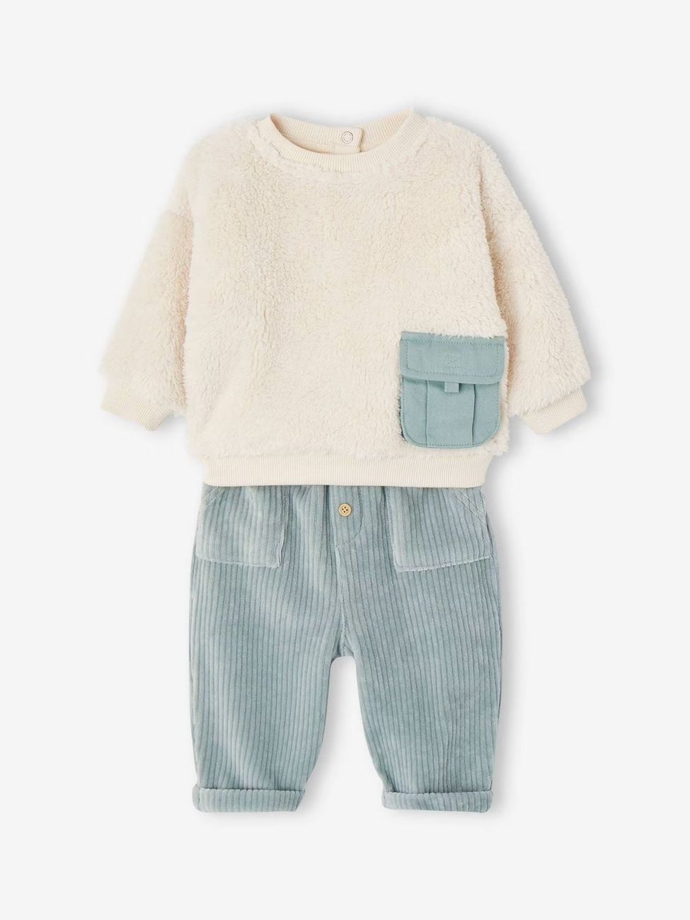 Ensemble bébé sweat peluche + pantalon velours vert d'eau (Vertbaudet) - Couverture