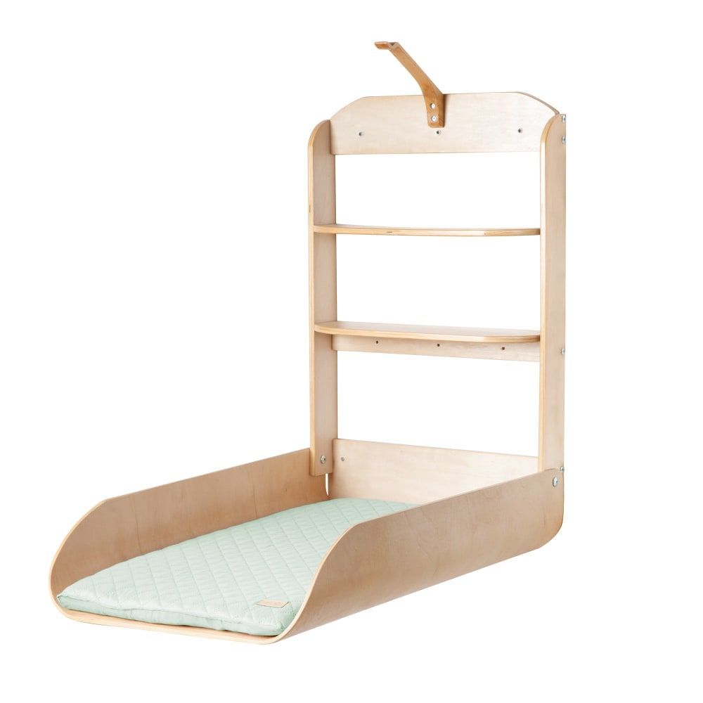 Table à langer murale en bois naturel + Matelas à langer vert (Roba) - Image 1