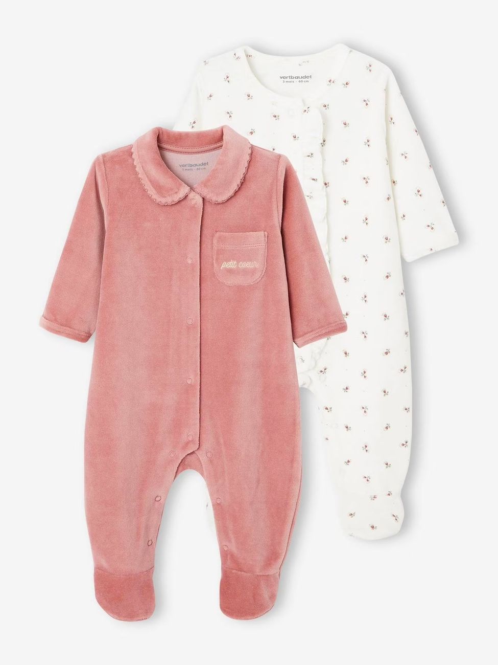 Lot de 2 pyjamas bébé fille en velours vieux rose (Vertbaudet) - Couverture