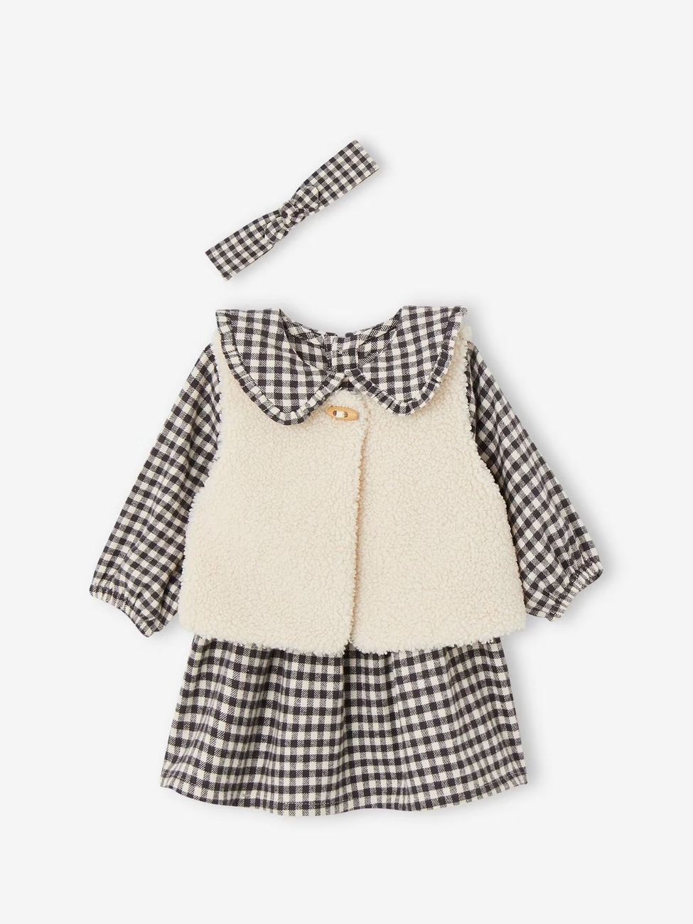 Ensemble 3 pièces bébé robe vichy + gilet + bandeau carreaux noir (Vertbaudet) - Image 2