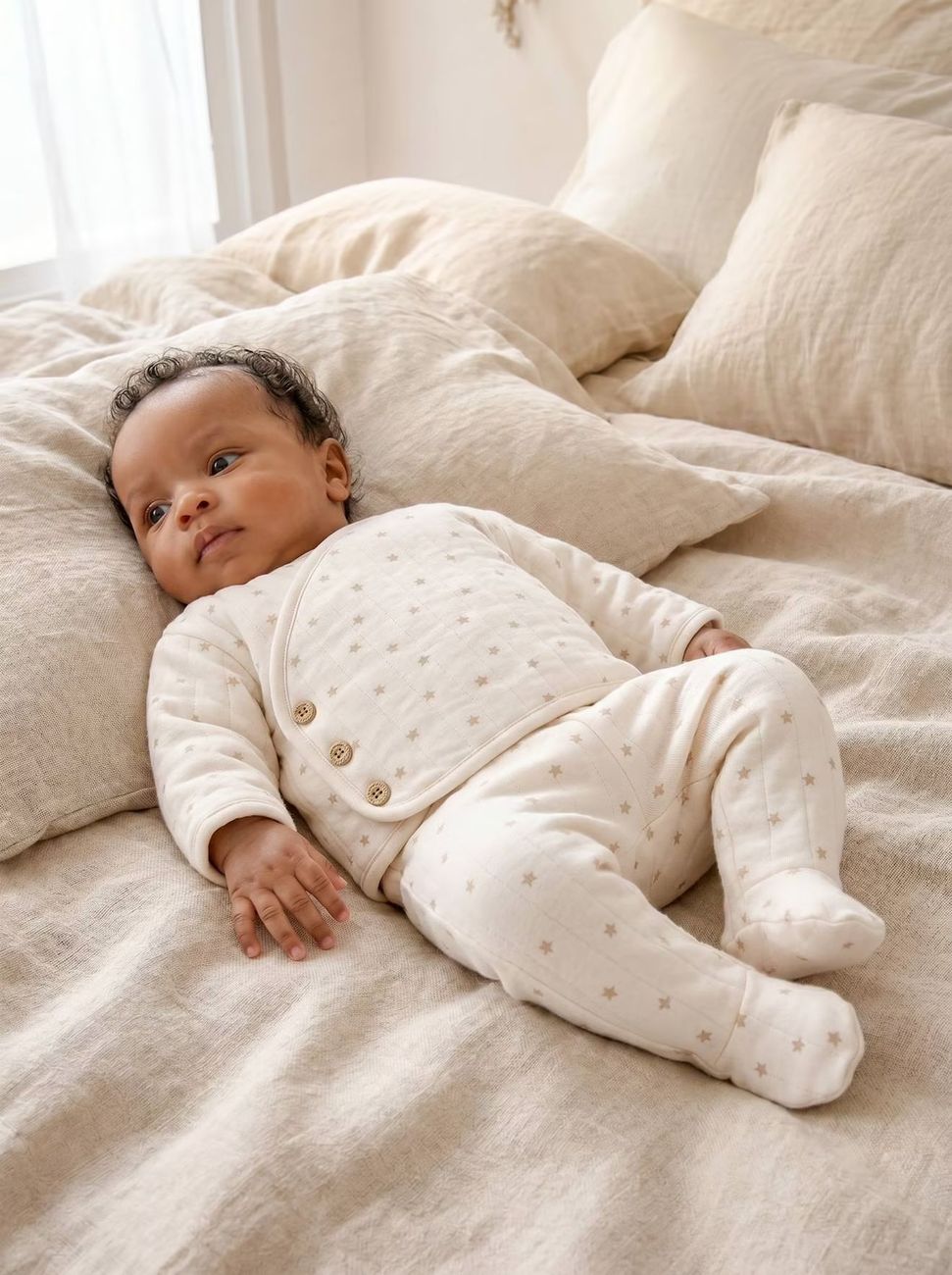 Ensemble matelassé gilet + pantalon à pieds entièrement imprimé vanille (Vertbaudet) - Image 1