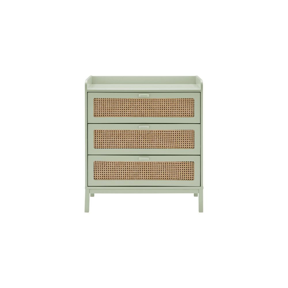 Commode 3 tiroirs effet bois et cannage vert sauge (CAMIF) - Image 2