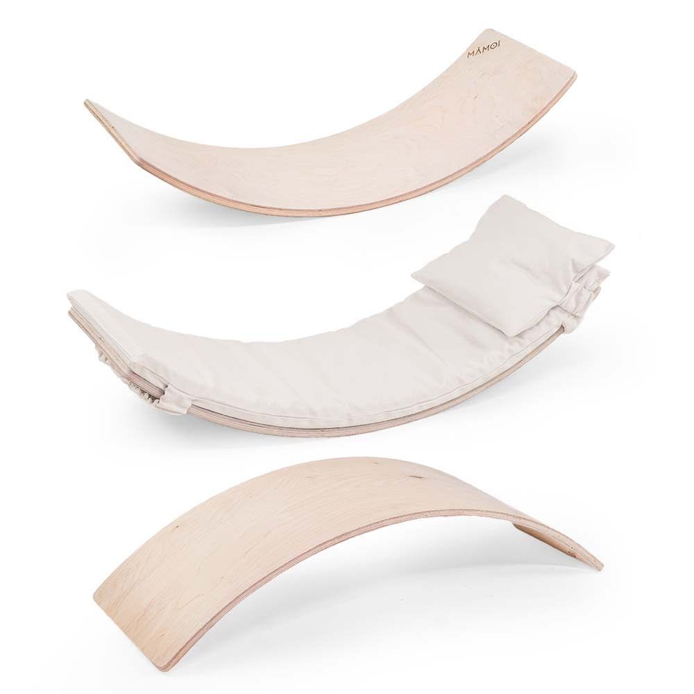 Planche d’équilibre + coussins pour enfants dès 6 mois en bois bleu (Mamoi) - Couverture