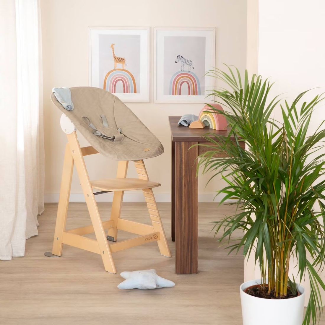 Chaise Haute Évolutive Et Inclinable Avec Transat Déperlant Born Up Naturel - Grège (Roba) - Image 2