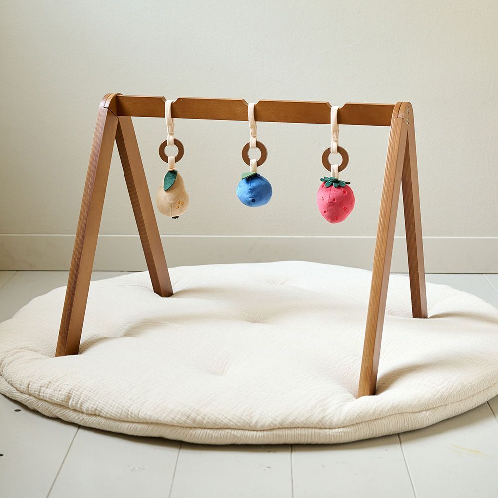 Petite Amélie Portique d'éveil bébé | Bois | Noyer | 60x50x48 cm | Avec trois accessoires en peluche amovibles pour le développement sensoriel (Petite Amélie) - Couverture
