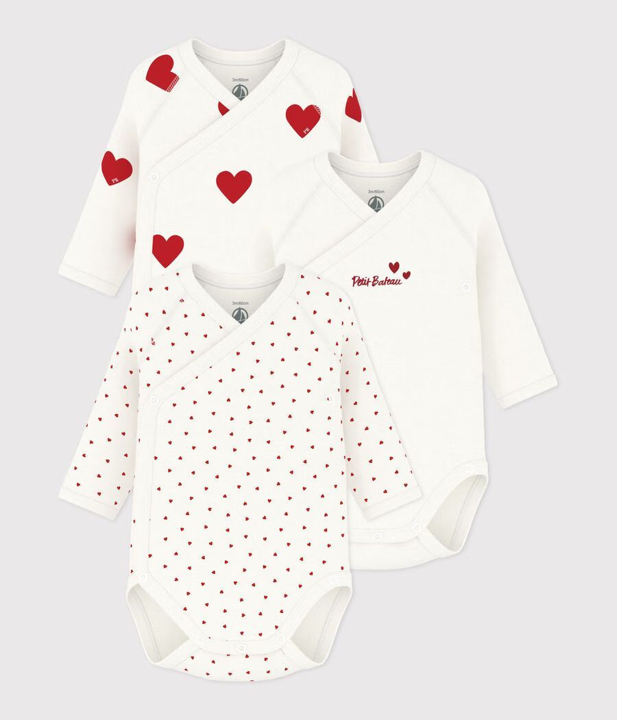 Lot de bodies croisés manches longues bébé mixte en coton imprimé coeur (Petit Bateau) - Image 2
