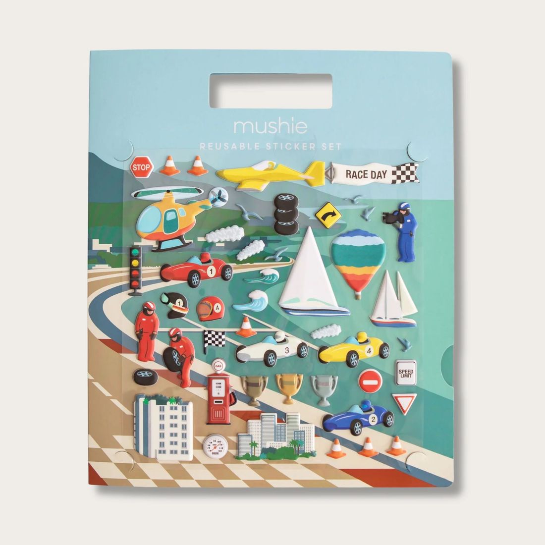 Livre d’autocollants réutilisables Mushie Voitures de course (Mushie) - Image 1