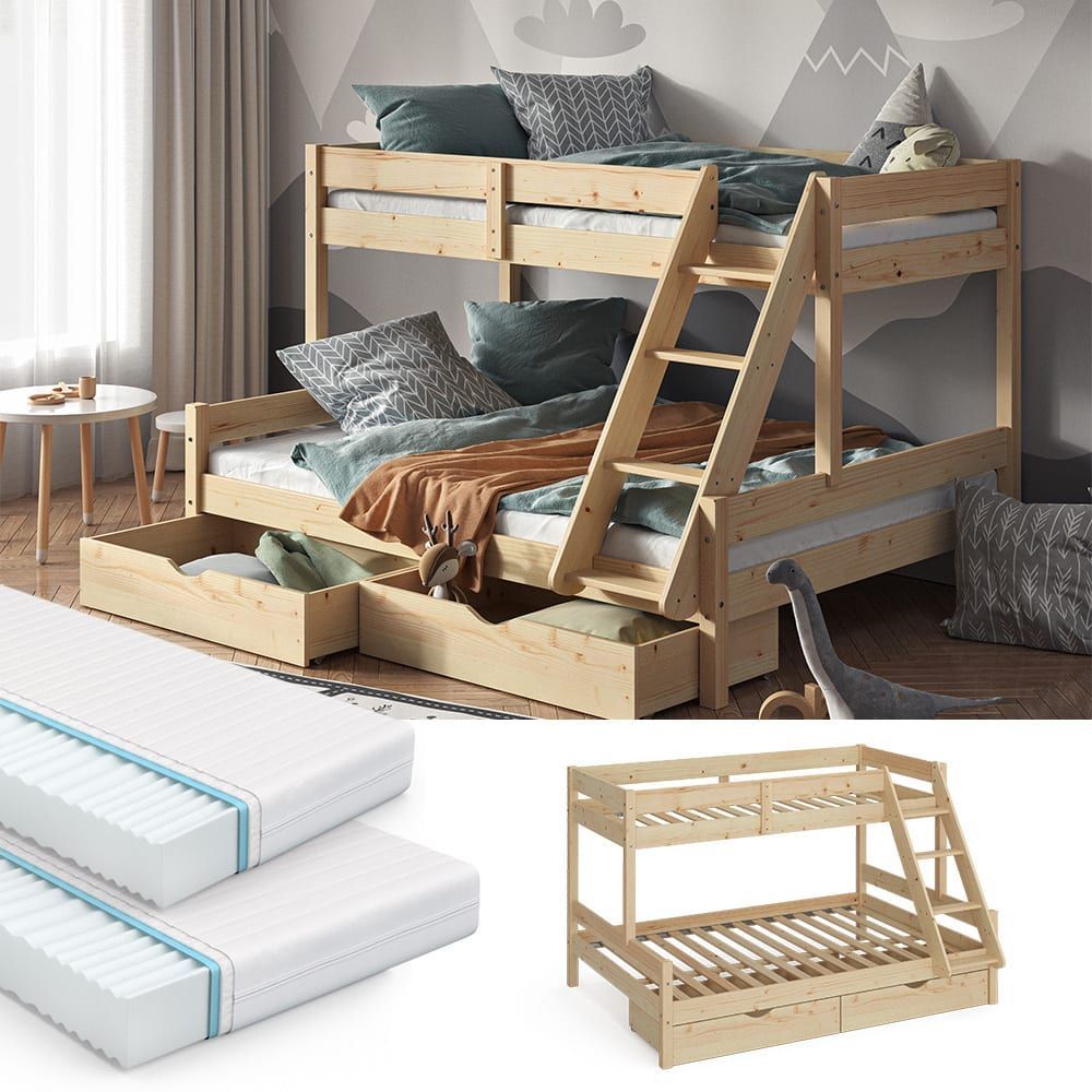 Lit superposé avec 2 matelas et 2 tiroirs, naturel bois 207.6 x 131cm (VitaliSpa®) - Image 2