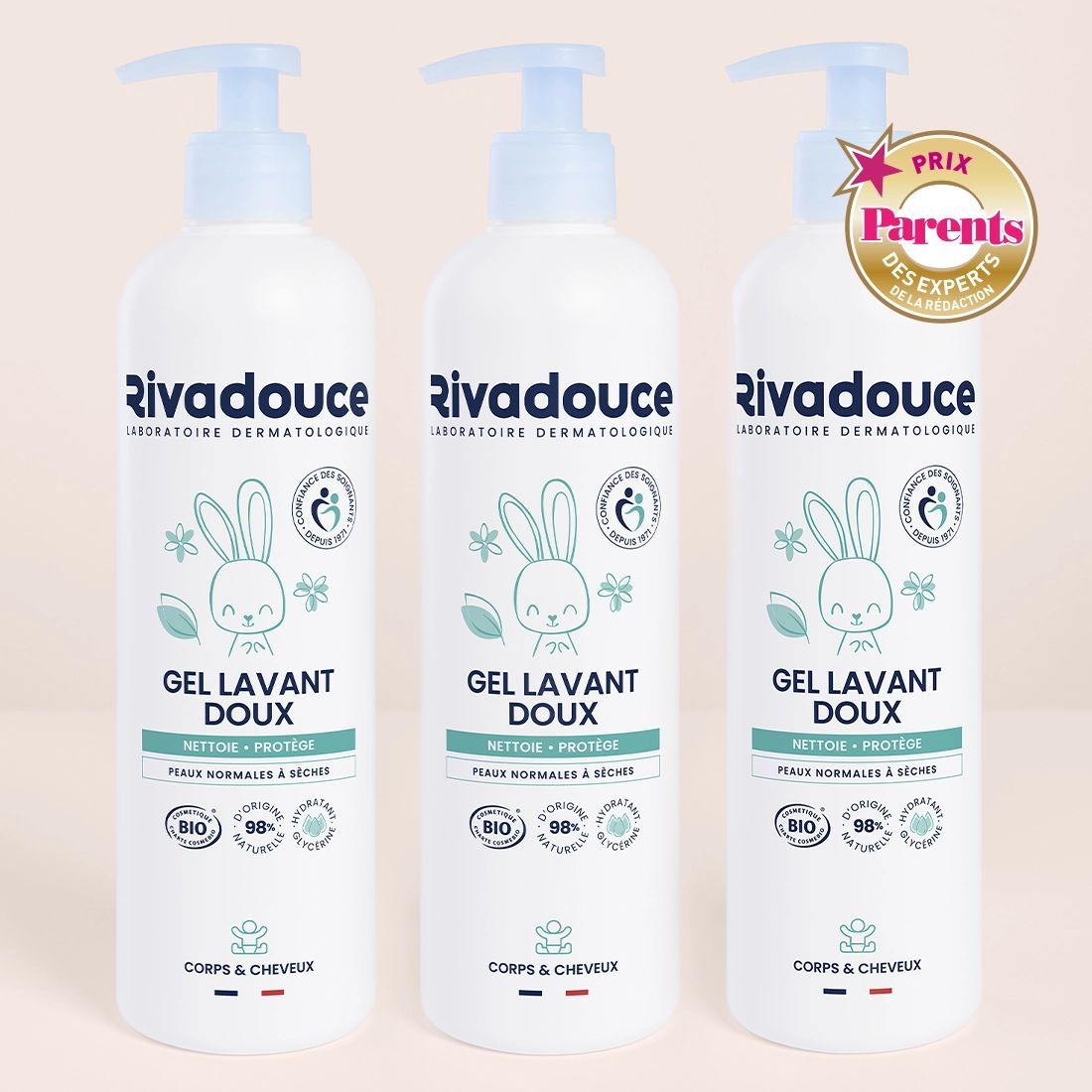 Lot De 3 Gels Lavants Doux Bébé 500ml - Bain - Peaux sensibles - Certifié bio et 98% d'ingrédients naturels - Rivadouce (rivadouce) - Couverture