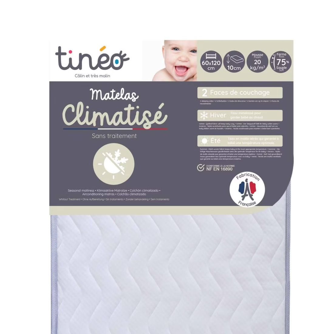 Matelas Bébé Climatisé Sans Traitement - 2 Faces Ete/hiver Blanc (Tinéo) - Image 1